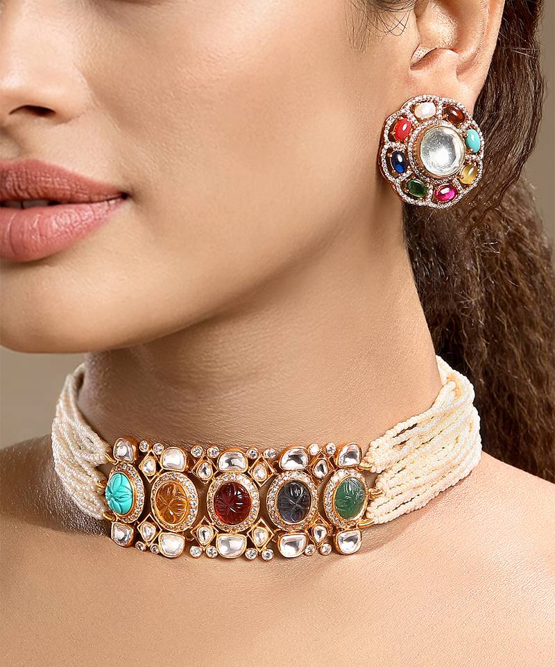Gold plated kundan multicolor choker necklace set
