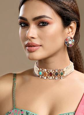 Gold plated kundan multicolor choker necklace set 2