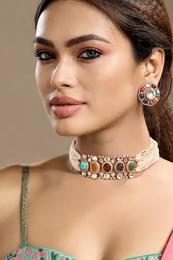 Gold plated kundan multicolor choker necklace set