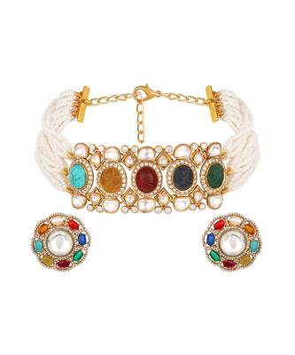 Gold plated kundan multicolor choker necklace set 3