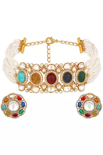 Gold plated kundan multicolor choker necklace set