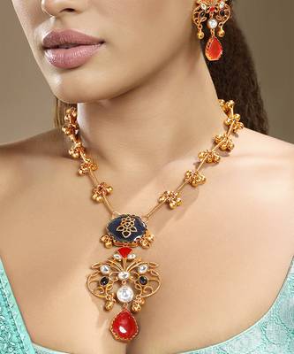 Gold plated kundan red stones necklace set 1