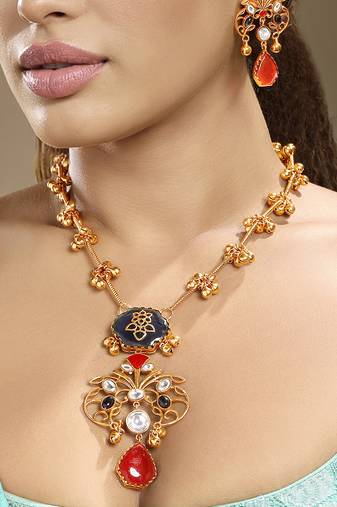 Gold plated kundan red stones necklace set