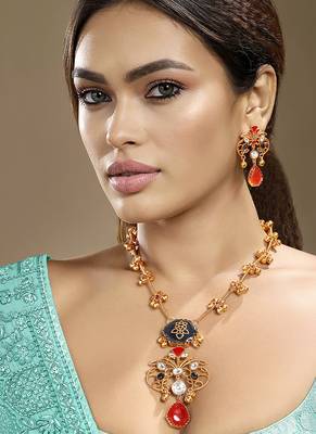 Gold plated kundan red stones necklace set 2