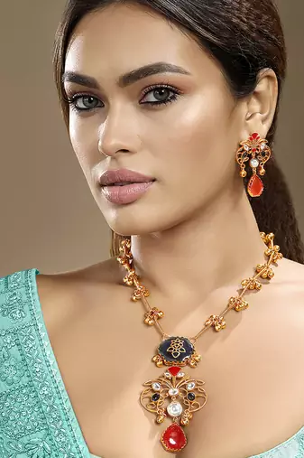 Gold plated kundan red stones necklace set