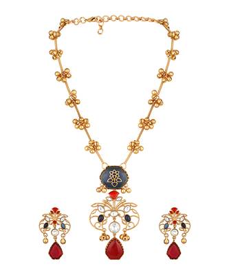 Gold plated kundan red stones necklace set 3