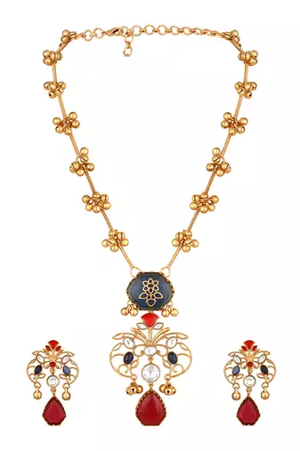 Gold plated kundan red stones necklace set