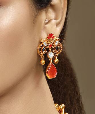 Gold plated kundan red stones necklace set 4