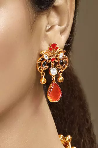 Gold plated kundan red stones necklace set