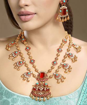 Gold plated kundan red stones necklace set 1
