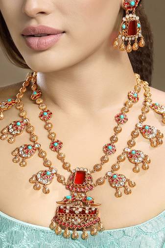 Gold plated kundan red stones necklace set