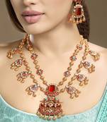 Gold plated kundan red stones necklace set