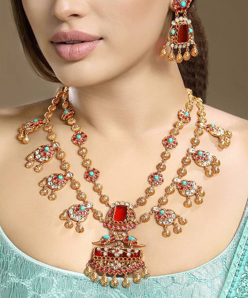 Gold plated kundan red stones necklace set