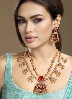 Gold plated kundan red stones necklace set 2