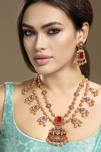 Gold plated kundan red stones necklace set