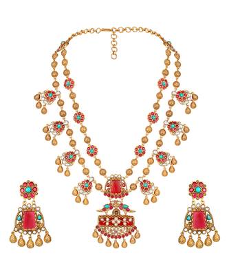 Gold plated kundan red stones necklace set 3
