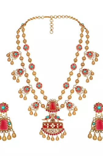 Gold plated kundan red stones necklace set
