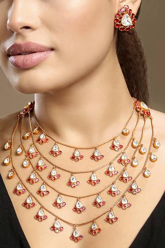 Gold plated kundan red stones necklace set