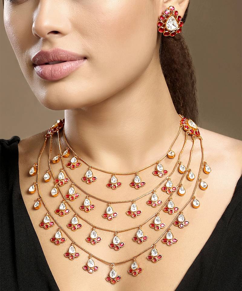 Gold plated kundan red stones necklace set