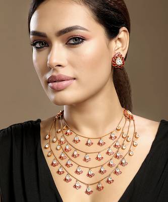 Gold plated kundan red stones necklace set 2