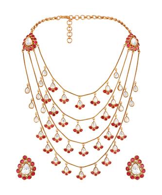 Gold plated kundan red stones necklace set 3