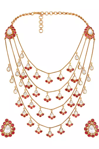 Gold plated kundan red stones necklace set