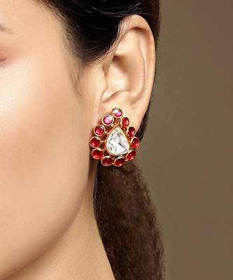 Gold plated kundan red stones necklace set 4