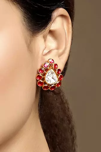 Gold plated kundan red stones necklace set