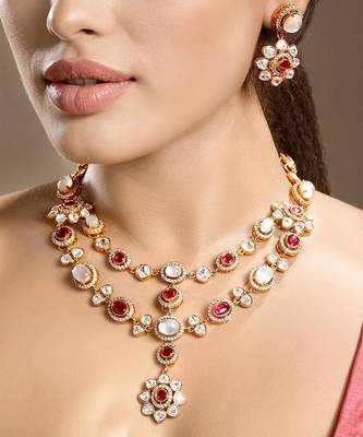 Gold plated kundan red stones necklace set 1