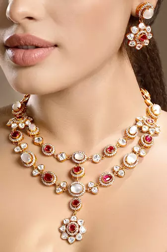 Gold plated kundan red stones necklace set