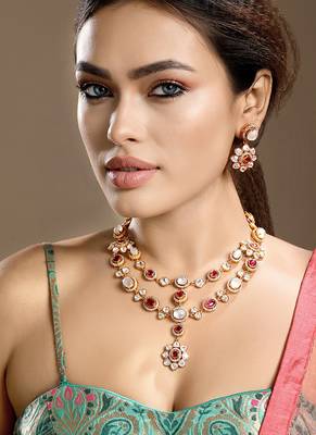 Gold plated kundan red stones necklace set 2