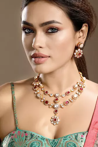 Gold plated kundan red stones necklace set