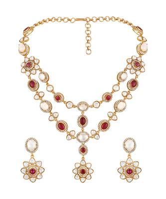 Gold plated kundan red stones necklace set 3
