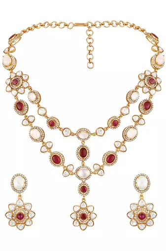 Gold plated kundan red stones necklace set