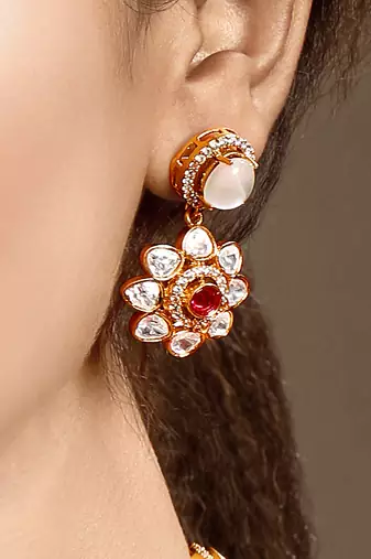 Gold plated kundan red stones necklace set