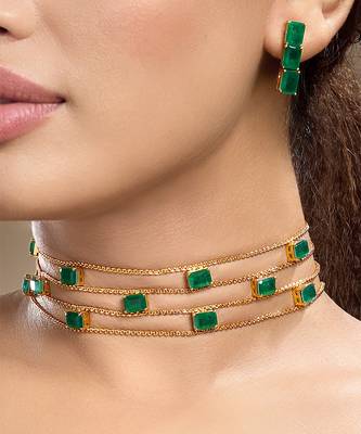 Gold plated kundan green stones choker necklace set 1