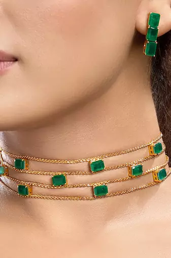 Gold plated kundan green stones choker necklace set