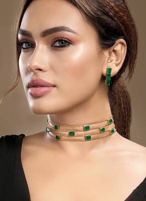 Gold plated kundan green stones choker necklace set 2