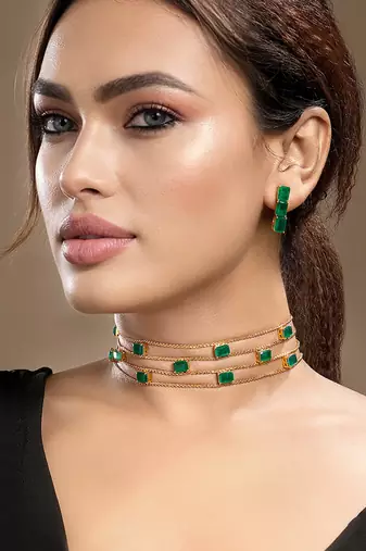 Gold plated kundan green stones choker necklace set