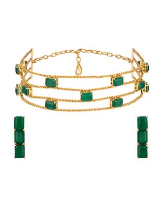 Gold plated kundan green stones choker necklace set 3