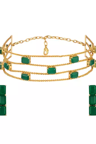Gold plated kundan green stones choker necklace set