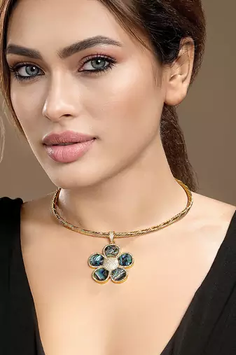 Gold plated kundan blue stones necklace