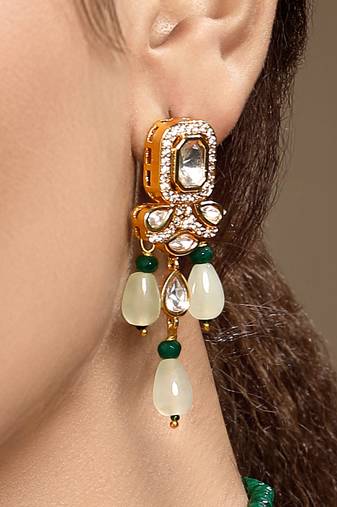 Gold plated kundan green stones dangler earrings