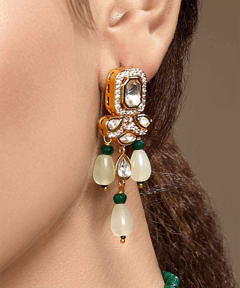 Gold plated kundan green stones dangler earrings