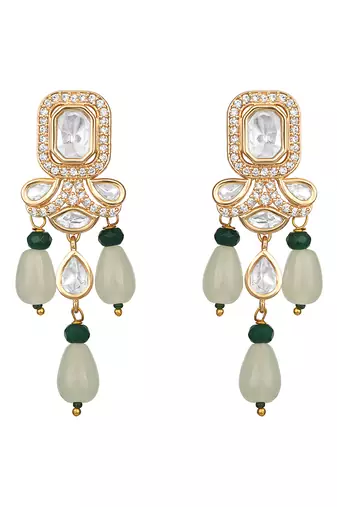 Gold plated kundan green stones dangler earrings