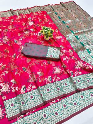 rani pink silk blend saree with woven work 1