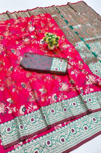 rani pink silk blend banarasi saree with woven work