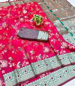 rani pink silk blend banarasi silk saree with woven fabric