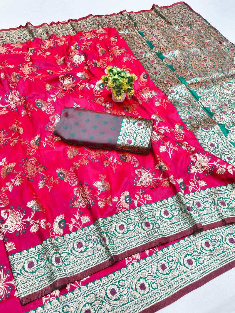 rani pink silk blend banarasi silk saree with woven fabric