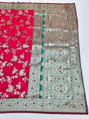 rani pink silk blend saree with woven work 2